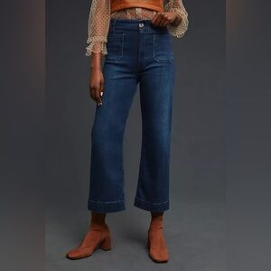 Women's High Waisted Wide Leg Cropped Jeans Dark Wash Button Fly Pockets
